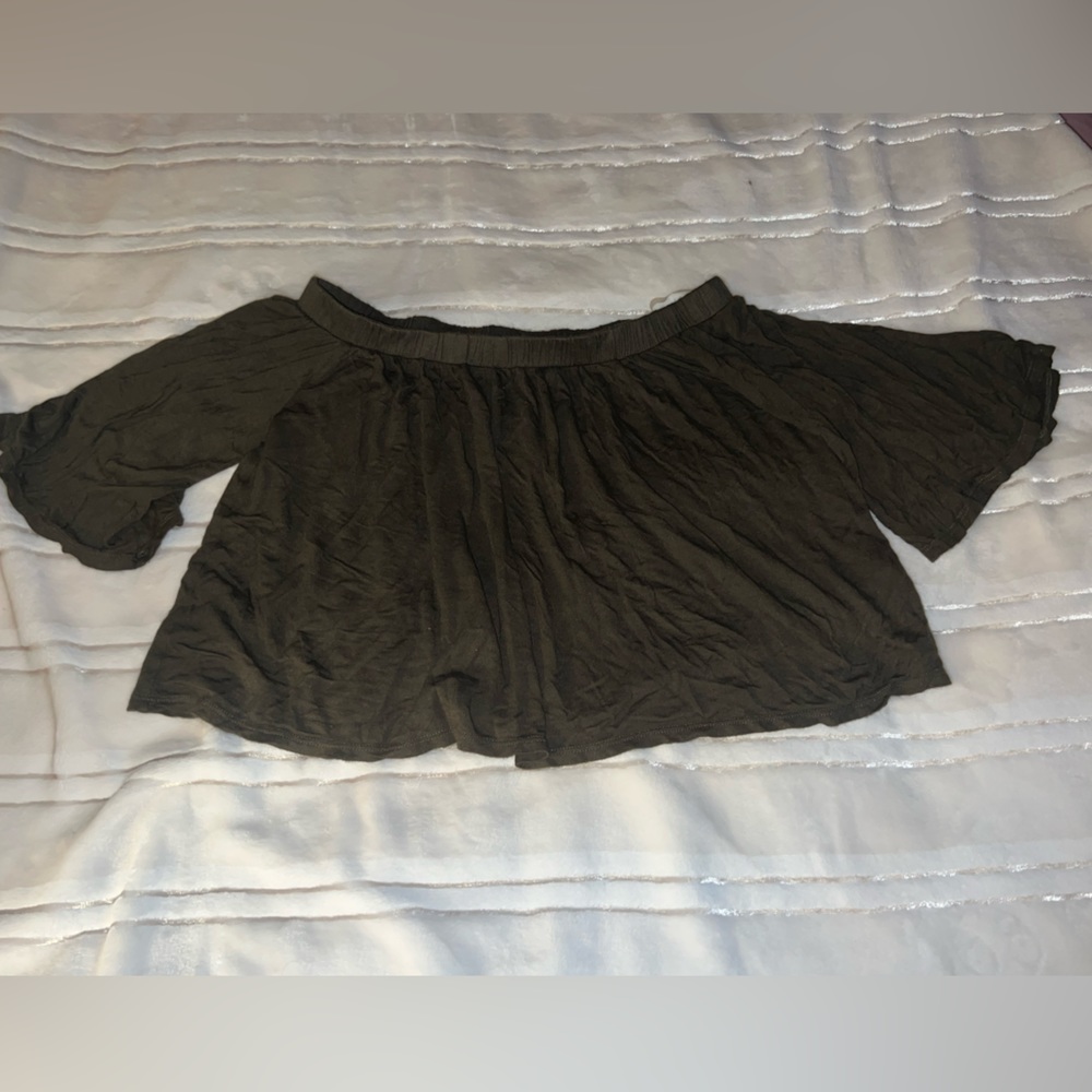 Dark green, three, quartered sleeve off the shoulder flowy crop top blouse